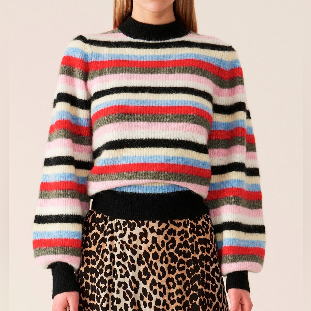 Ganni Striped Ballon-Sleeve Wool and Alpaca-Blend Sweater - Size L